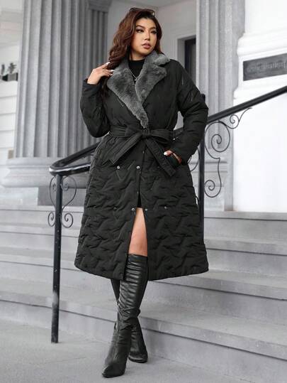 SHEIN Clasi معطف شتوي طويل للنساء، ذو ياقة فرائية وأكمام طويلة وأزرار مزدوجة، كاجوال وطويل للاستخدام اليومي. معطف طويل مبطن للنساء، معطف طويل للنساء، معطف مبطن طويل للنساء، معطف بياقة فرو اصطناعي، معطف بطن طويل. شورت جلد للنساء موديل 2025 خريف وشتاء جديد