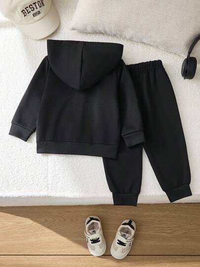 SHEIN مجموعة بنطلون وبلوزة مقنعة للأطفال الصغار، موديل جديد للخريف/الشتاء، بلوزة مقنعة بأكمام طويلة وسحاب ملون وبنطلون مخطط، ملابس كاجوال مريحة للاستخدام اليومي، مناسبة للتنسيق العائلي