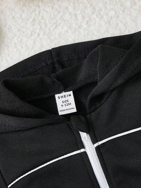 SHEIN مجموعة بنطلون وبلوزة مقنعة للأطفال الصغار، موديل جديد للخريف/الشتاء، بلوزة مقنعة بأكمام طويلة وسحاب ملون وبنطلون مخطط، ملابس كاجوال مريحة للاستخدام اليومي، مناسبة للتنسيق العائلي
