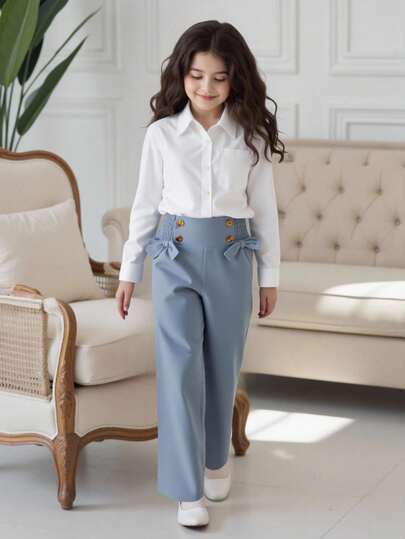SHEIN سراويل بفيونكة أمامية للفتيات المراهقات بخصر مثني، أسلوب كاجوال حلو، تصميم بفيونكة بخصر عالي، واسعة، قماش مريح