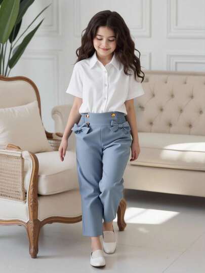 SHEIN سراويل بفيونكة أمامية للفتيات المراهقات بخصر مثني، أسلوب كاجوال حلو، تصميم بفيونكة بخصر عالي، واسعة، قماش مريح