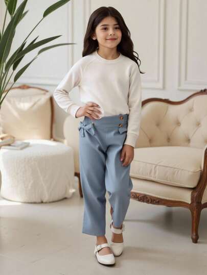SHEIN سراويل بفيونكة أمامية للفتيات المراهقات بخصر مثني، أسلوب كاجوال حلو، تصميم بفيونكة بخصر عالي، واسعة، قماش مريح