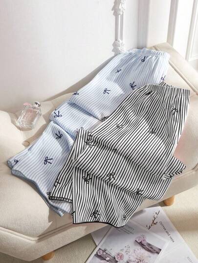 Snug Reverie مجموعة بنطلون للنساء مزين بخطوط زرقاء وسوداء بشكل قلب وفيونكة، ملابس خريف وشتاء، قطعتان