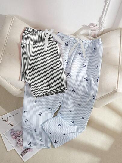 Snug Reverie مجموعة بنطلون للنساء مزين بخطوط زرقاء وسوداء بشكل قلب وفيونكة، ملابس خريف وشتاء، قطعتان
