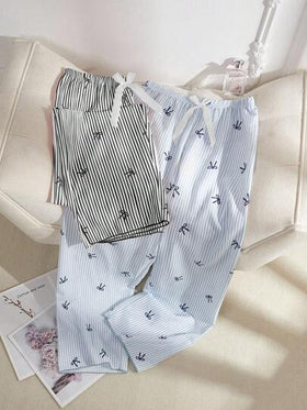 Snug Reverie مجموعة بنطلون للنساء مزين بخطوط زرقاء وسوداء بشكل قلب وفيونكة، ملابس خريف وشتاء، قطعتان
