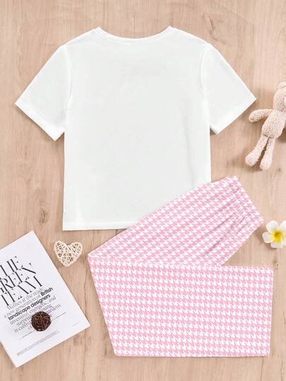 SHEIN Leap Crew طقم ملابس منزلية من السروال الطويل وبلوزة كاجوال بياقة طاقم وأكمام قصيرة، شكل مريح وعملي، مناسب للمراهقات في الربيع والصيف