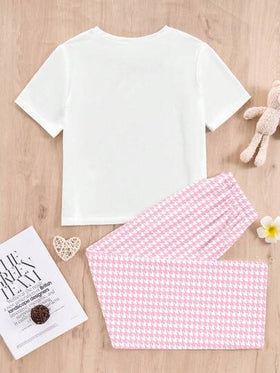 SHEIN Leap Crew طقم ملابس منزلية من السروال الطويل وبلوزة كاجوال بياقة طاقم وأكمام قصيرة، شكل مريح وعملي، مناسب للمراهقات في الربيع والصيف