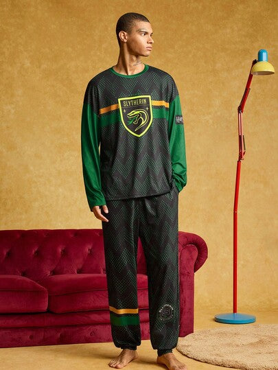 HARRY POTTER X SHEIN طقم ملابس منزلية للرجال مكون من ملابس علوية بأكمام طويلة فضفاضة وبنطال، مطبوع عليهما شعار ثعبان بطبعة أسنان المنشار، مناسب للربيع والخريف