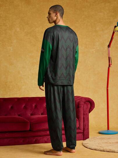 HARRY POTTER X SHEIN طقم ملابس منزلية للرجال مكون من ملابس علوية بأكمام طويلة فضفاضة وبنطال، مطبوع عليهما شعار ثعبان بطبعة أسنان المنشار، مناسب للربيع والخريف