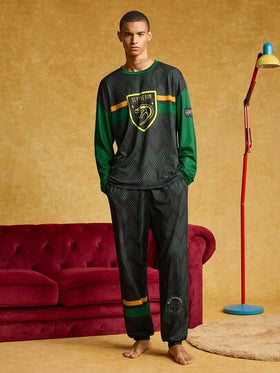 HARRY POTTER X SHEIN طقم ملابس منزلية للرجال مكون من ملابس علوية بأكمام طويلة فضفاضة وبنطال، مطبوع عليهما شعار ثعبان بطبعة أسنان المنشار، مناسب للربيع والخريف