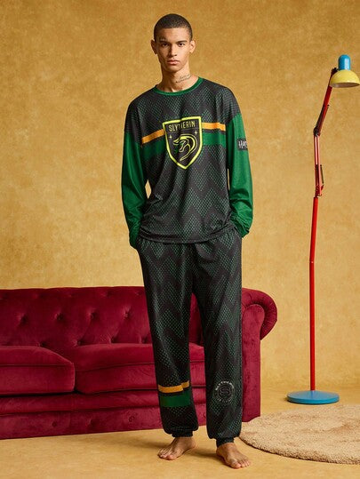 HARRY POTTER X SHEIN طقم ملابس منزلية للرجال مكون من ملابس علوية بأكمام طويلة فضفاضة وبنطال، مطبوع عليهما شعار ثعبان بطبعة أسنان المنشار، مناسب للربيع والخريف