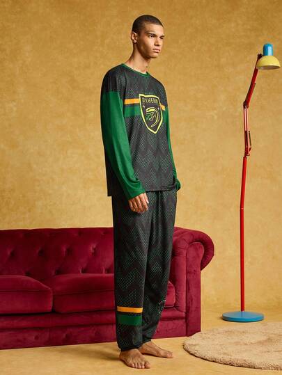 HARRY POTTER X SHEIN طقم ملابس منزلية للرجال مكون من ملابس علوية بأكمام طويلة فضفاضة وبنطال، مطبوع عليهما شعار ثعبان بطبعة أسنان المنشار، مناسب للربيع والخريف