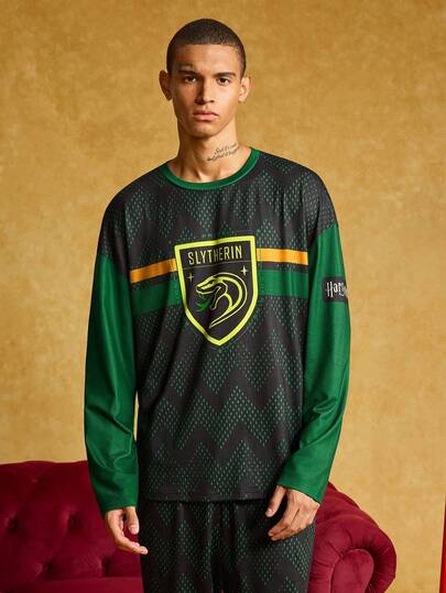 HARRY POTTER X SHEIN طقم ملابس منزلية للرجال مكون من ملابس علوية بأكمام طويلة فضفاضة وبنطال، مطبوع عليهما شعار ثعبان بطبعة أسنان المنشار، مناسب للربيع والخريف
