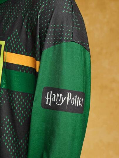 HARRY POTTER X SHEIN طقم ملابس منزلية للرجال مكون من ملابس علوية بأكمام طويلة فضفاضة وبنطال، مطبوع عليهما شعار ثعبان بطبعة أسنان المنشار، مناسب للربيع والخريف