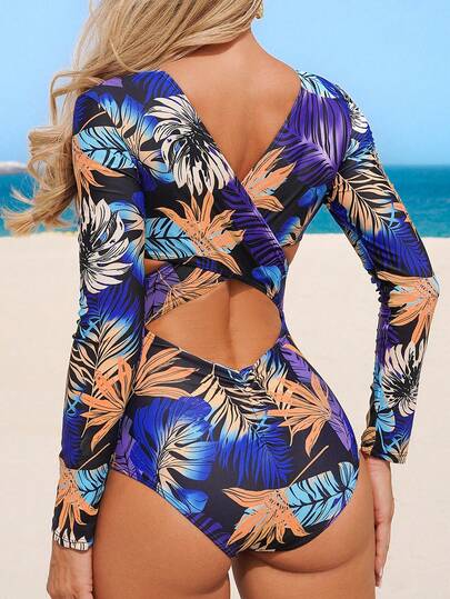 SHEIN Swim بدلة سباحة قطعة واحدة بطبعة نباتية مفرغة، طباعة عشوائية، للشاطئ والعطلات