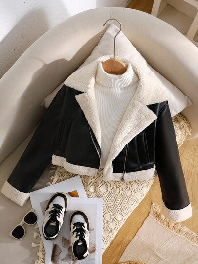 SHEIN معطف/جاكيت قصيرة أكمام طويلة من الفرو الصناعي مبطنة بالفليس مع طوق دراجة نارية وسحاب معدني، طراز شارع عصري للفتيات المراهقات، باللون الأسود للخريف/الشتاء