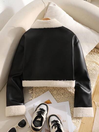 SHEIN معطف/جاكيت قصيرة أكمام طويلة من الفرو الصناعي مبطنة بالفليس مع طوق دراجة نارية وسحاب معدني، طراز شارع عصري للفتيات المراهقات، باللون الأسود للخريف/الشتاء