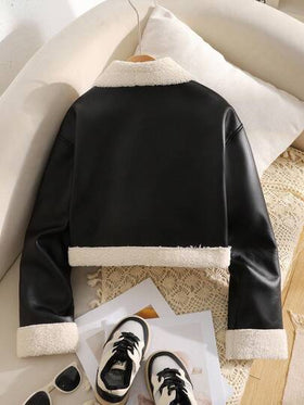 SHEIN معطف/جاكيت قصيرة أكمام طويلة من الفرو الصناعي مبطنة بالفليس مع طوق دراجة نارية وسحاب معدني، طراز شارع عصري للفتيات المراهقات، باللون الأسود للخريف/الشتاء