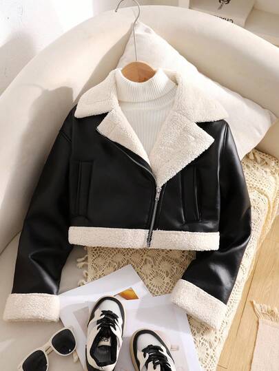 SHEIN معطف/جاكيت قصيرة أكمام طويلة من الفرو الصناعي مبطنة بالفليس مع طوق دراجة نارية وسحاب معدني، طراز شارع عصري للفتيات المراهقات، باللون الأسود للخريف/الشتاء