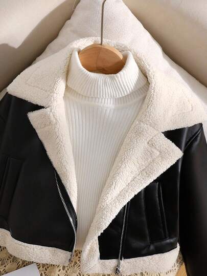 SHEIN معطف/جاكيت قصيرة أكمام طويلة من الفرو الصناعي مبطنة بالفليس مع طوق دراجة نارية وسحاب معدني، طراز شارع عصري للفتيات المراهقات، باللون الأسود للخريف/الشتاء
