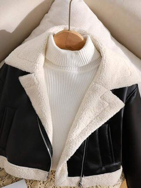 SHEIN معطف/جاكيت قصيرة أكمام طويلة من الفرو الصناعي مبطنة بالفليس مع طوق دراجة نارية وسحاب معدني، طراز شارع عصري للفتيات المراهقات، باللون الأسود للخريف/الشتاء