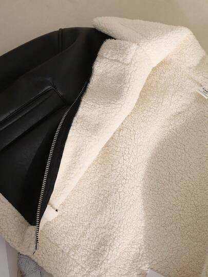 SHEIN معطف/جاكيت قصيرة أكمام طويلة من الفرو الصناعي مبطنة بالفليس مع طوق دراجة نارية وسحاب معدني، طراز شارع عصري للفتيات المراهقات، باللون الأسود للخريف/الشتاء