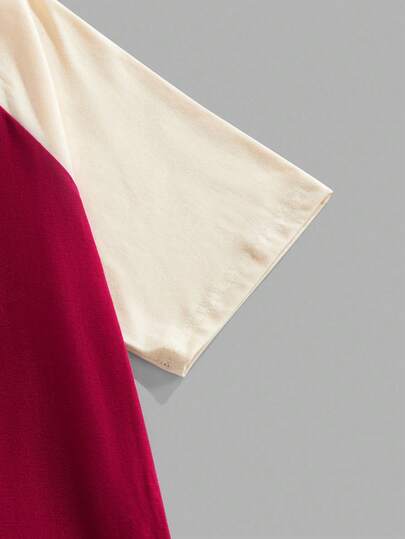 Manfinity Joysei قميص تي شيرت رجالي مقاس قياسي بأكمام راجلان باللونين البرغندي والبيج