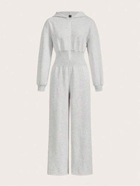 SHEIN EZwear جمبسوت نسائية كاجوال رمادية الكتف منسدلة بأكمام طويلة وسحاب أمامي مع قبعة