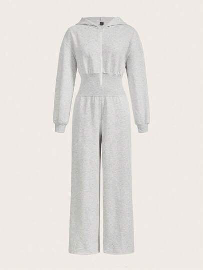 SHEIN EZwear جمبسوت نسائية كاجوال رمادية الكتف منسدلة بأكمام طويلة وسحاب أمامي مع قبعة