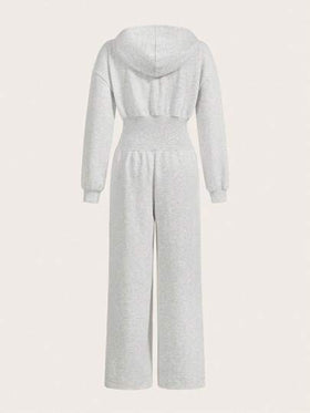 SHEIN EZwear جمبسوت نسائية كاجوال رمادية الكتف منسدلة بأكمام طويلة وسحاب أمامي مع قبعة