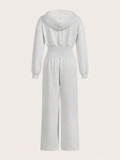 SHEIN EZwear جمبسوت نسائية كاجوال رمادية الكتف منسدلة بأكمام طويلة وسحاب أمامي مع قبعة