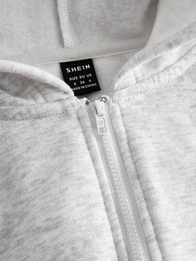 SHEIN EZwear جمبسوت نسائية كاجوال رمادية الكتف منسدلة بأكمام طويلة وسحاب أمامي مع قبعة