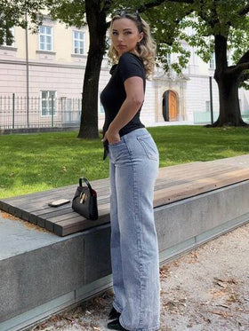 Jeta Ari جينز نسائي فضفاض بتصميم جيوب وأرجل واسعة ، كاجوال متعدد الاستخدامات