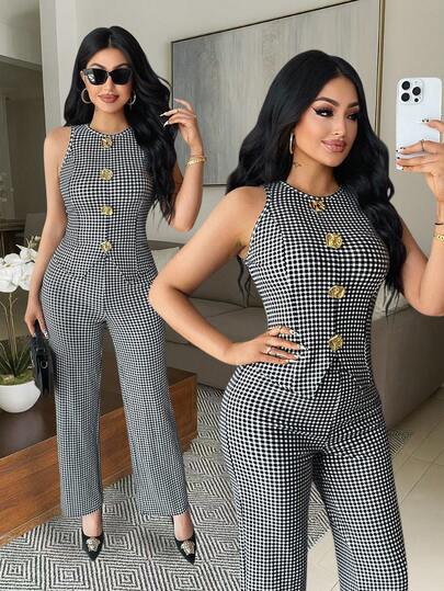 Vavine مجموعة نسائية أنيقة من قطعتين بأزرار معدنية ذات رسومات مربعات باللونين الأسود والأبيض، خفيفة الوزن