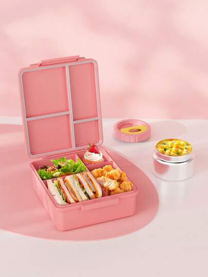 صندوق غداء بينتو مع وعاء حراري للحساء سعة 9 أونصة، حاويات طعام غداء مانعة للتسرب مع 4 أقسام، وعاء طعام ساخن معزول حراريًا للمدرسة والمكتب والسفر والنزهات