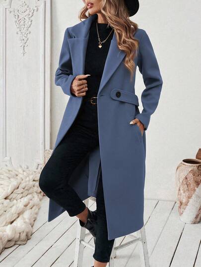EMERY ROSE معطف طويل مزدوج الصدر بياقة مقلوبة وجيوب مائلة، لون سادة، للنساء، للارتداء اليومي والتنقل، موسم الخريف/الشتاء