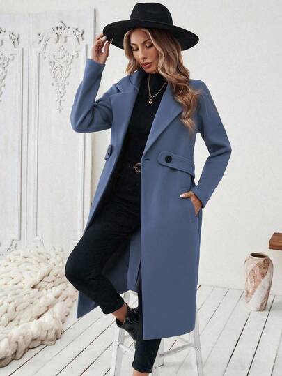 EMERY ROSE معطف طويل مزدوج الصدر بياقة مقلوبة وجيوب مائلة، لون سادة، للنساء، للارتداء اليومي والتنقل، موسم الخريف/الشتاء