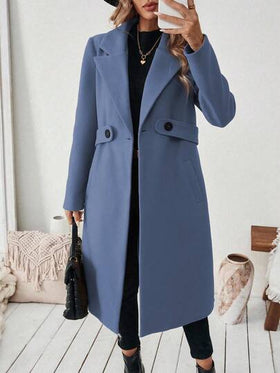 EMERY ROSE معطف طويل مزدوج الصدر بياقة مقلوبة وجيوب مائلة، لون سادة، للنساء، للارتداء اليومي والتنقل، موسم الخريف/الشتاء