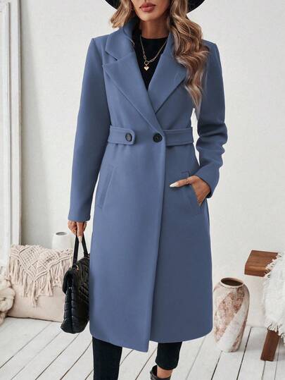 EMERY ROSE معطف طويل مزدوج الصدر بياقة مقلوبة وجيوب مائلة، لون سادة، للنساء، للارتداء اليومي والتنقل، موسم الخريف/الشتاء
