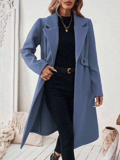 EMERY ROSE معطف طويل مزدوج الصدر بياقة مقلوبة وجيوب مائلة، لون سادة، للنساء، للارتداء اليومي والتنقل، موسم الخريف/الشتاء