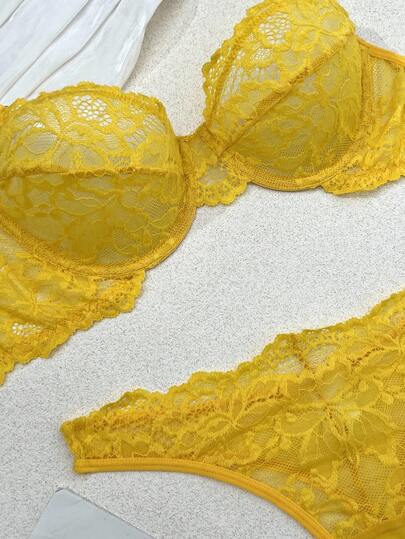 SHEIN طقم ملابس داخلية رومانسي أنيق من الدانتيل الأزهار الفرنسي، ملابس داخلية نسائية مثيرة