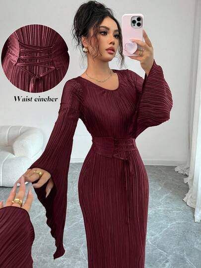 Elenzga فستان أنيق للنساء بتصميم ربطة الخصر وأكمام واسعة وياقة مستديرة باللون الأحادي