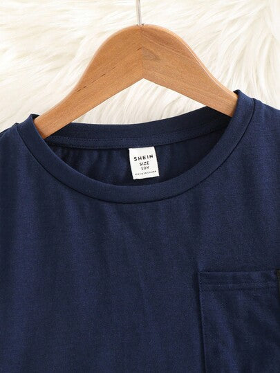 SHEIN مجموعة بيجاما مكونة من قميص بأكمام طويلة بياقة مستديرة وجيب وبنطال بلون متباين لصبي مراهق، قطعتان