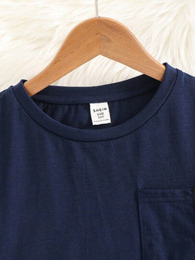 SHEIN مجموعة بيجاما مكونة من قميص بأكمام طويلة بياقة مستديرة وجيب وبنطال بلون متباين لصبي مراهق، قطعتان