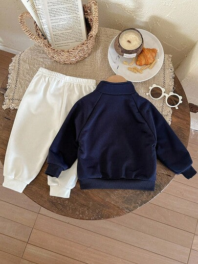 SHEIN طقم ملابس رياضية كاجوال للأطفال الصبيان/البنات، جاكيت مطبوع عليه رسومات وأحرف مع سحاب وبنطلون مريح، مناسب للخروجات والمدرسة والتجمعات، ملابس خريف/شتاء للعودة إلى المدرسة، قطن مبطن