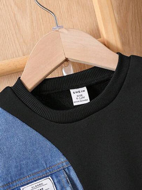 SHEIN مجموعة بنطلون أسود وبلوزة رياضية بياقة طاقم من الجينز المرقع للأطفال الصبيان، ملابس يومية عادية