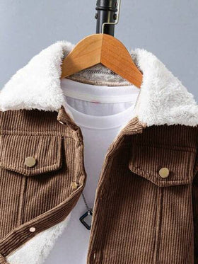SHEIN Vacaura جاكيت فليس كاجوال ذات ياقة من الكوردروي مناسبة للأولاد المراهقين للخروجات المدرسية في فصلي الخريف والشتاء