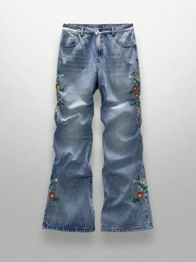 NEON BLANC بنطلون جينز رجالي كاجوال طويل مطرز على الحواف الجانبية