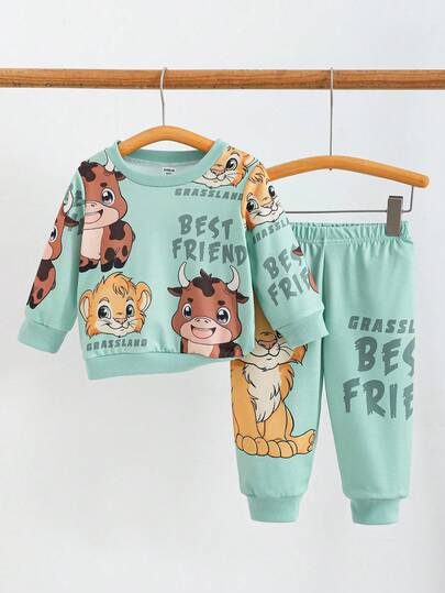 SHEIN Playful Pals مجموعة أطفال رضع/صغار من الأولاد بطبعات أسد وخرتيت غير متماثلة، تتميز بتصاميم حيوانات مبهرة، مصنوعة من أقمشة مريحة لتجربة ارتداء فريدة وممتعة