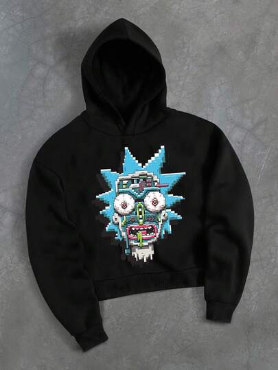 Rick and Morty X Manfinity Manfinity Streetrush هودي رجالي مطبوع بشعارات وأشكال كرتونية، بلوزة رياضية عصرية بتصميم بسيط